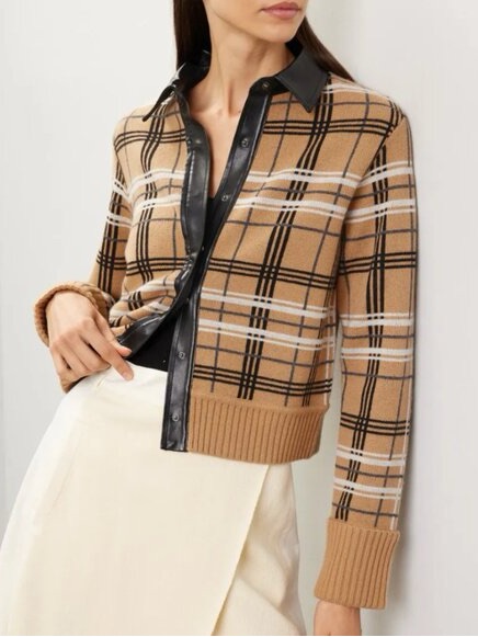 Jonathan Simkhai Blaine Plaid Wool Cashmere Crop Leather Trim Blazer Jacket M